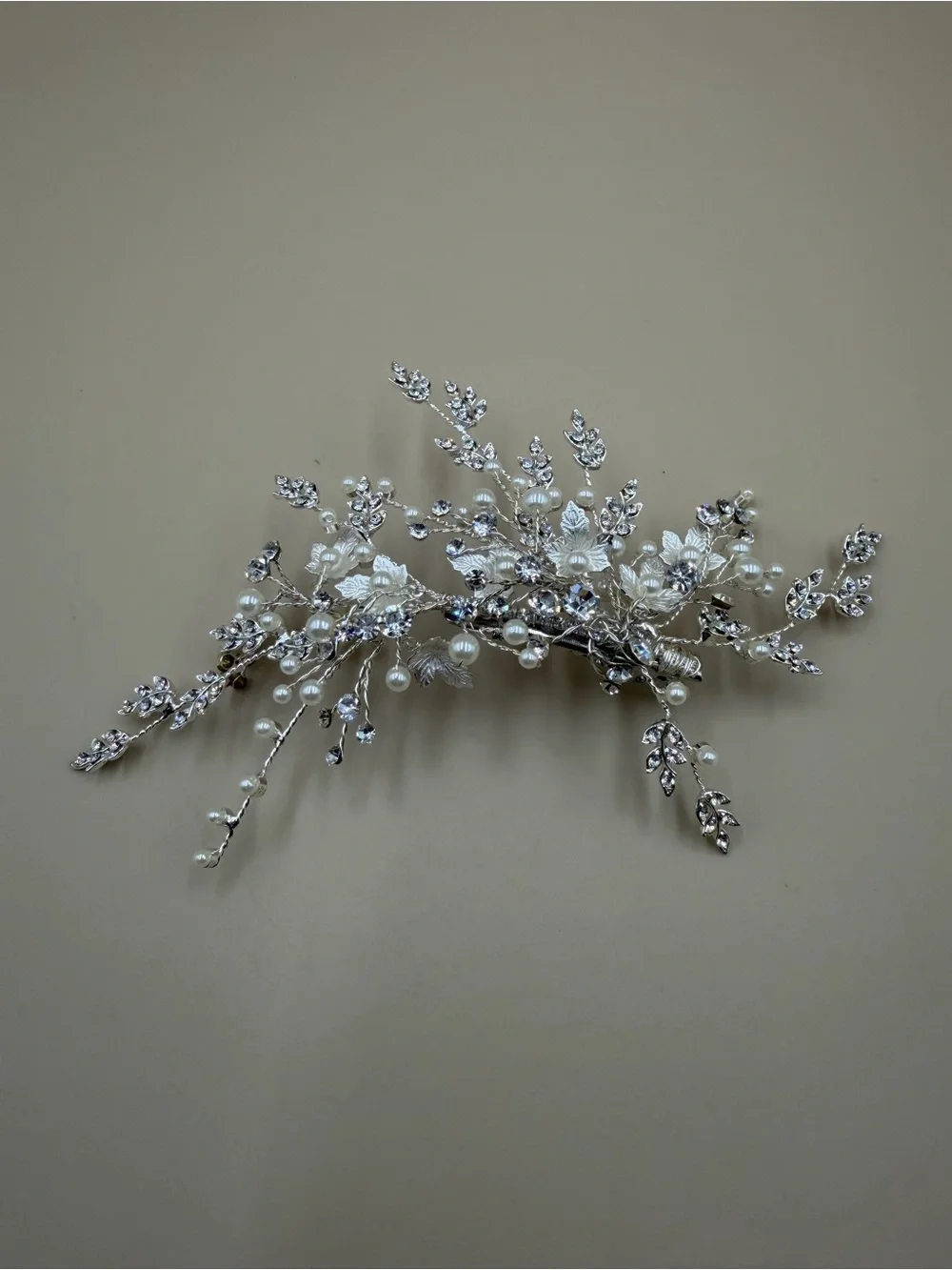 Bridal Pearl Crystal Leaf Hair Barrette Silver Wedding Clip 6”